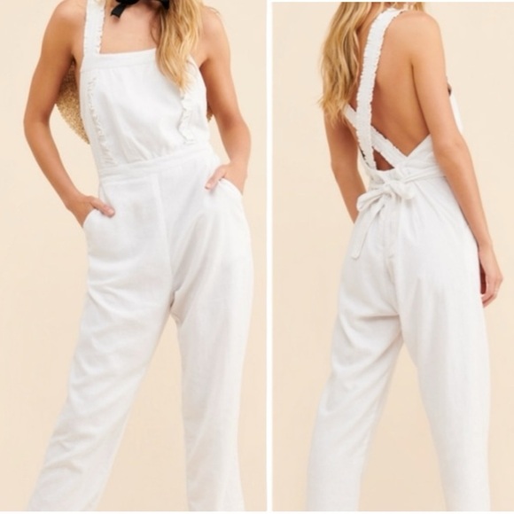 Rue Stiic Costello Overall Jumpsuit Ruffle Open Back White Linen Size Small - Picture 1 of 15